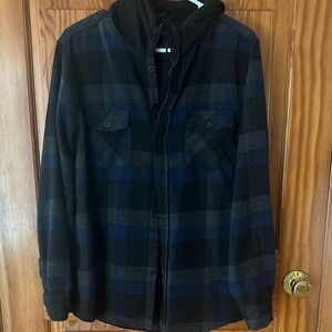 Men's Plaid Hooded Jacket - Black and Blue